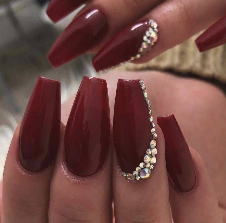 Maroon Rhinestones Nails