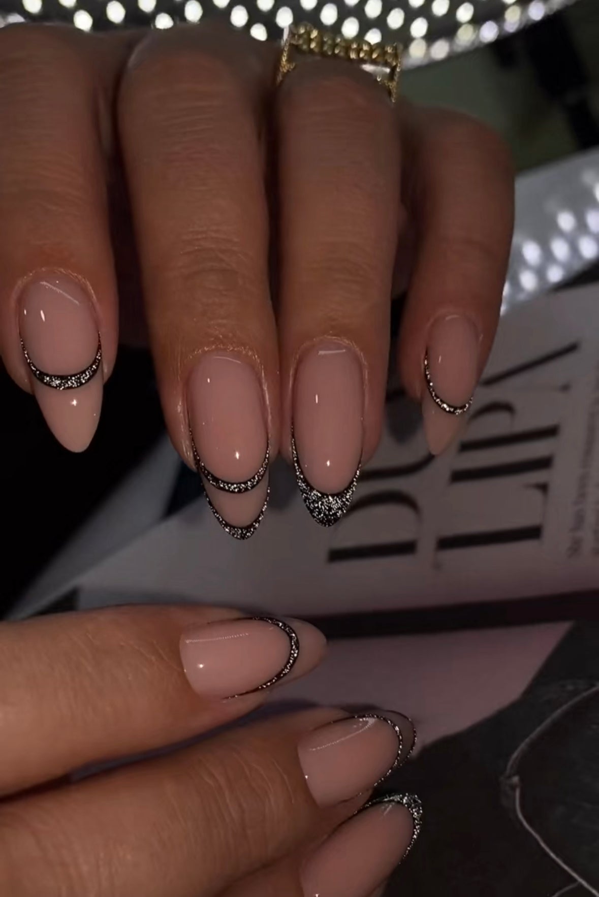 Silver Black Reflective French Asthetic Nails
