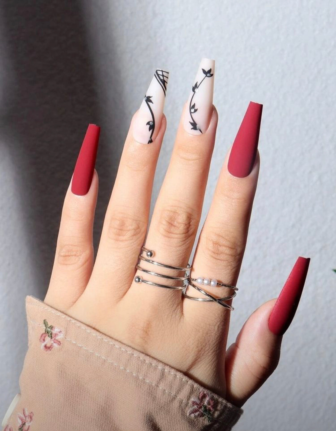 Red Flowers Matte Nails