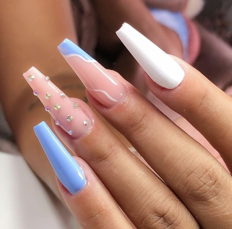 Blue Swirl Rhinestones Nails