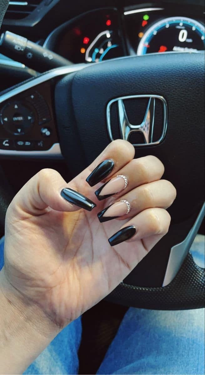 Black And Skin Rhinestones Nails