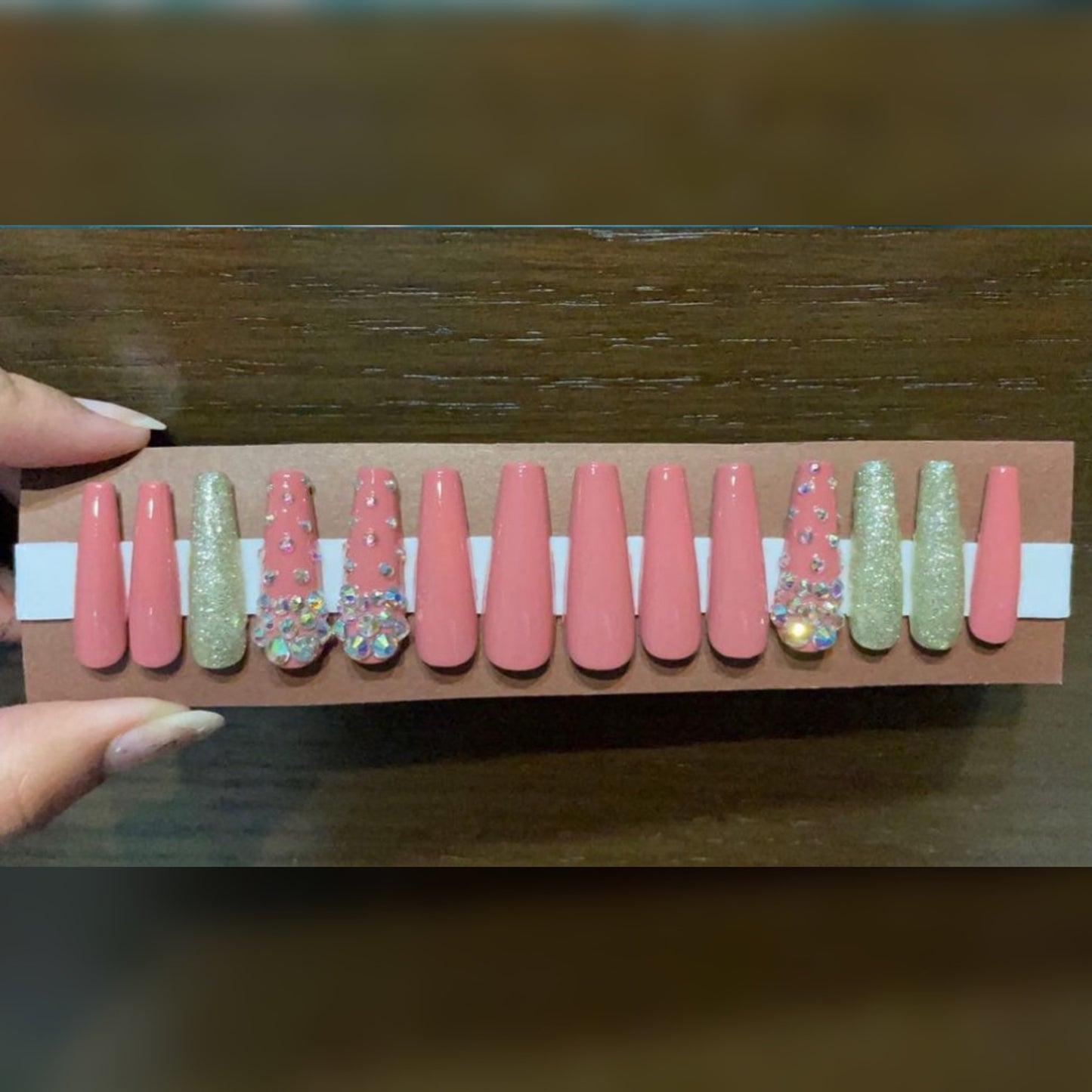 Peach Gold Rhinestones Nails