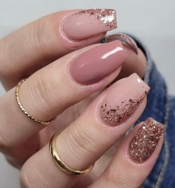Nude Pink Gold Glitter Nails