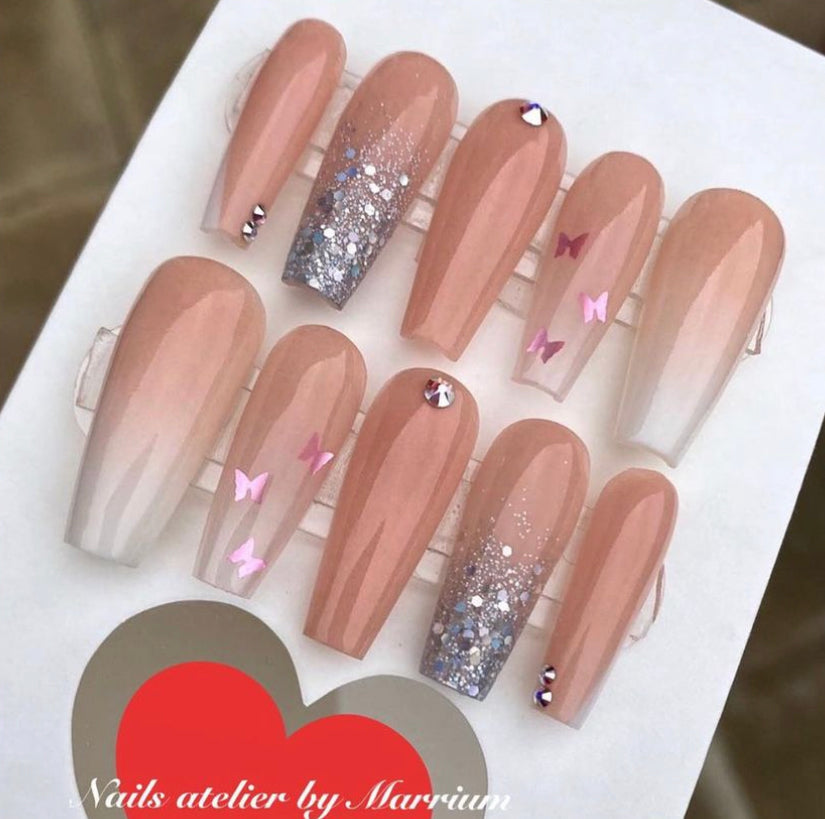 Nude Rhinestones Nails with Butterflies