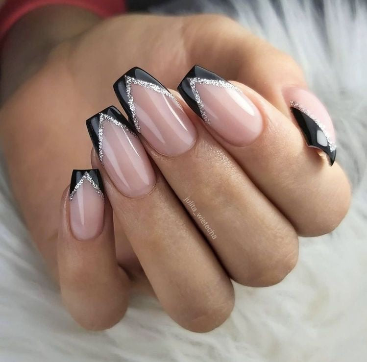 Silver Black Glitter V French Nails