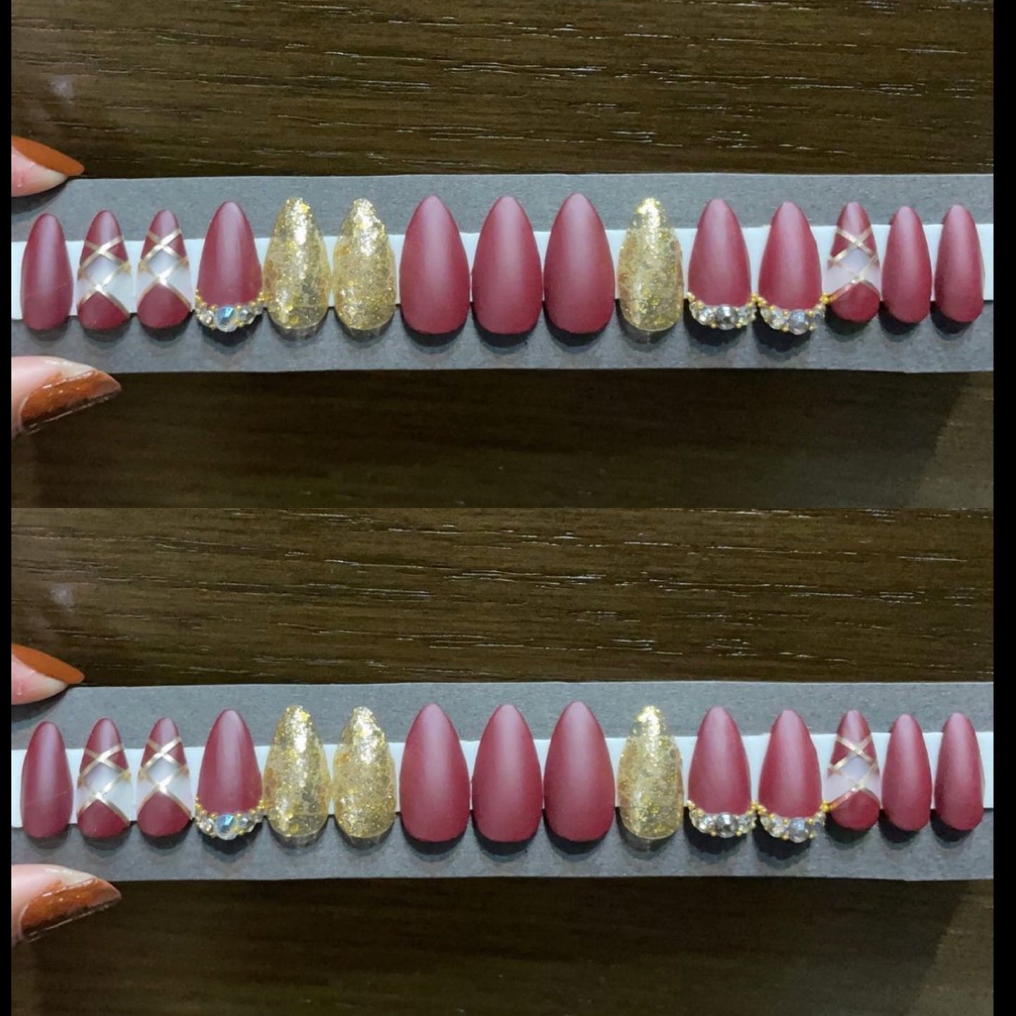 Maroon Gold rhinestones Bridal Nails