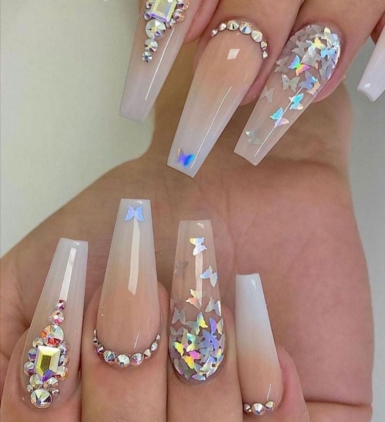 Ombré Butterfly Rhinestones Nails