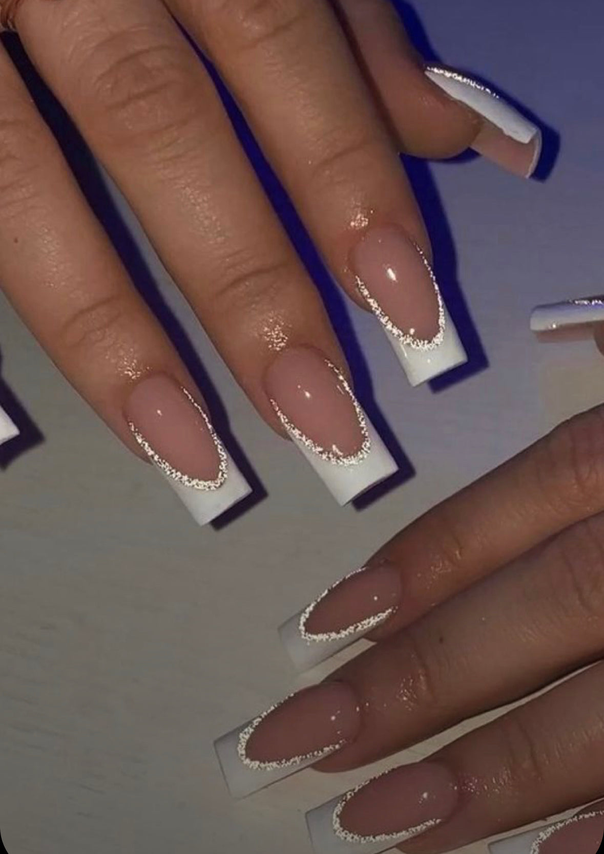 White Curvy French Tips With Flash Gel Lines