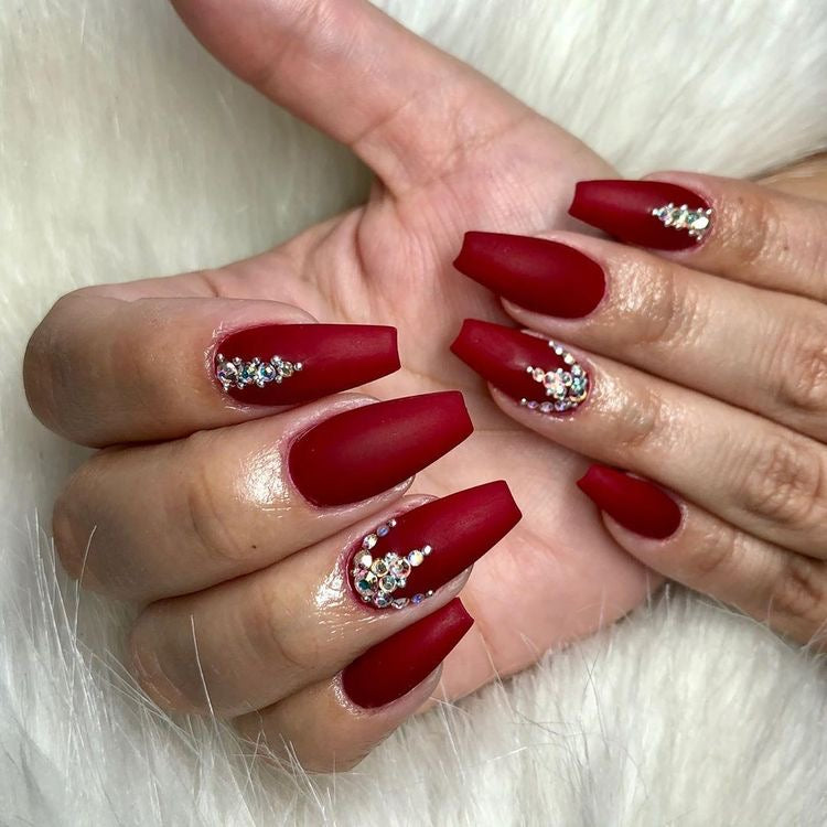 Blood Red Matte Nails with Rhinestones